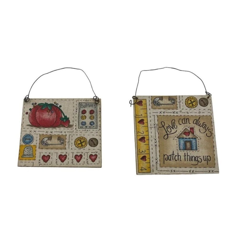 Sewing Room Wall Decor 4 to 5 Inch Square Buttons Hearts Thimble House Lot Of 2